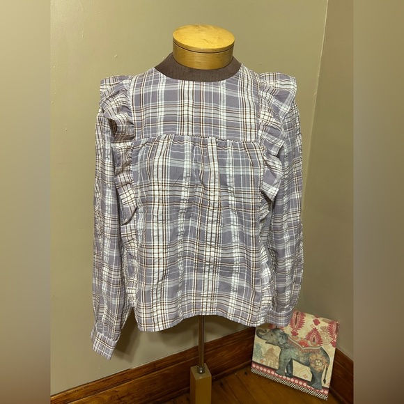 Ann Taylor LOFT  Women Frosted Lavender Plaid Ruffle Cropped Blouse, L Prairie - Picture 4 of 12